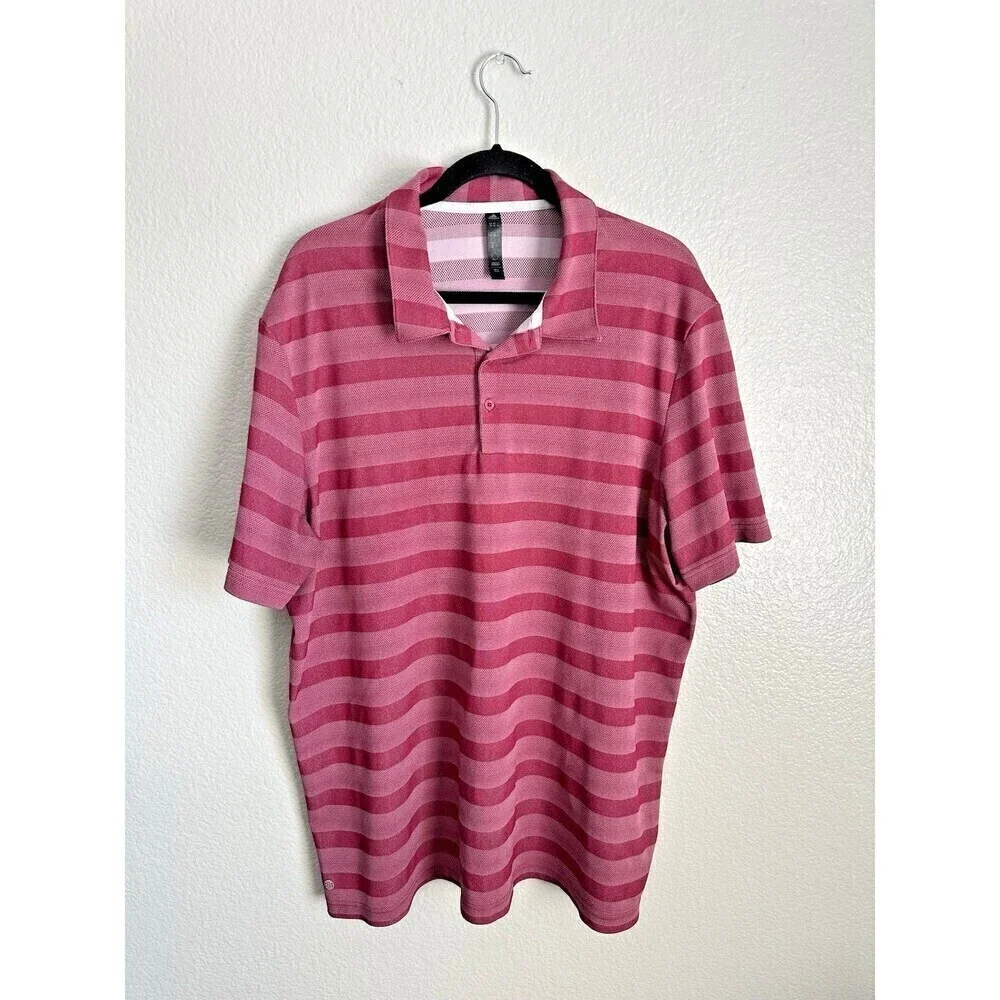 Adidas Polo Shirt Men's 2XL Dark Red Striped Golf Performance Short Sleeve Logo